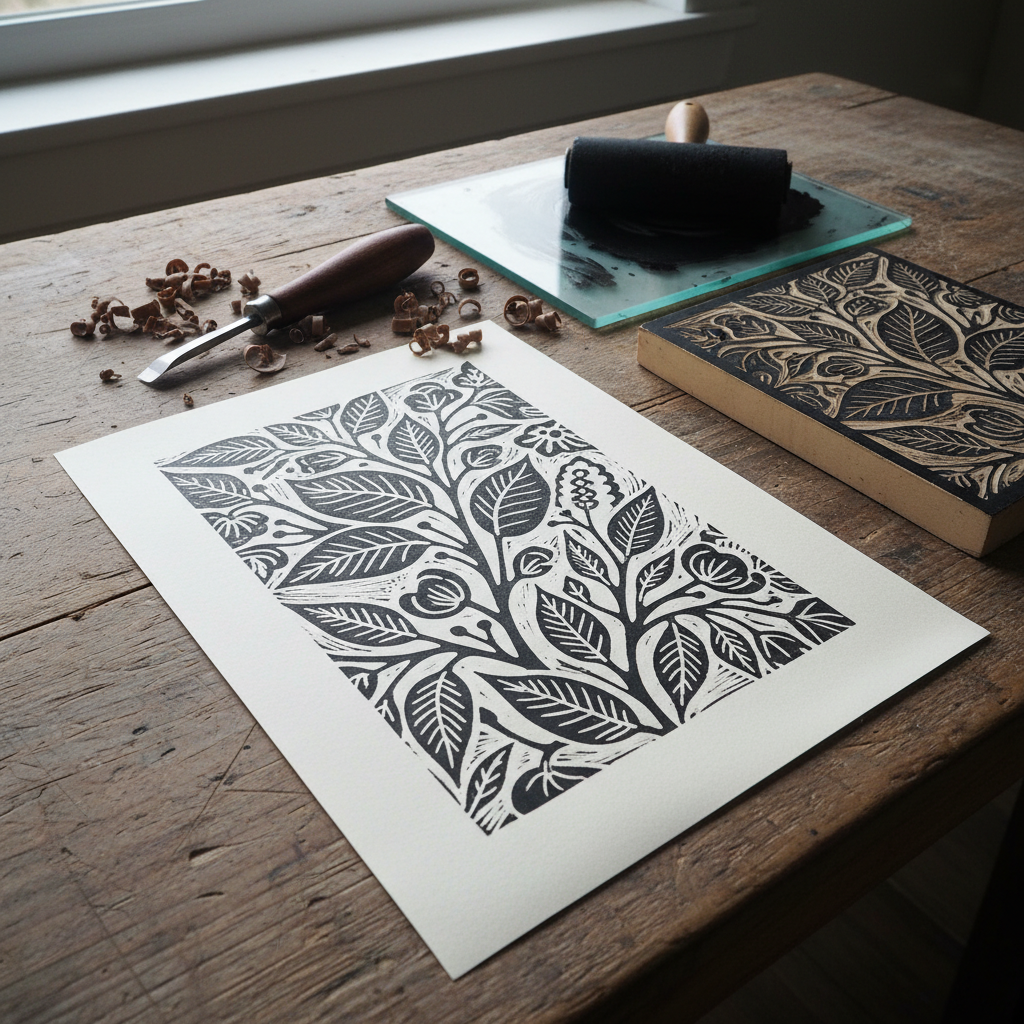 On a large, slightly worn wooden worktable, a nearly finished linocut print rests beside its carved block. The print, on thick cotton paper, shows a detailed, stylized botanical motif in deep black ink with crisp, clean edges. Tiny curls of linoleum scatter around a solid metal carving tool with a polished handle, while an inky brayer lies on a glass inking slab reflecting subtle highlights. Cool overcast daylight comes from a window above, creating even, gentle lighting with soft shadows under tools and edges. Photographic realism, shot from a low, three-quarter angle that leads the eye from the foreground tools to the print, capturing a focused, intimate, and craft-centered atmosphere for more process-oriented portfolio pages.