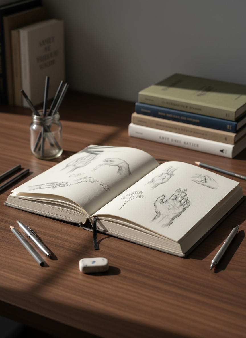 A meticulously arranged sketchbook lies open on a dark walnut desk, its creamy off-white pages filled with precise graphite studies and delicate ink linework. Finely sharpened charcoal sticks, a metal mechanical pencil, and a well-worn eraser surround the book in a quiet halo of tools. Soft, diffused afternoon light falls from an unseen window to the left, creating gentle shadows that emphasize the paper’s subtle texture. In the softly blurred background, neatly stacked art books and a muted gray wall suggest a thoughtful studio space. Photographic realism, eye-level composition with a shallow depth of field, sophisticated and minimal, conveying a calm, contemplative atmosphere suitable for an elegant art portfolio homepage.