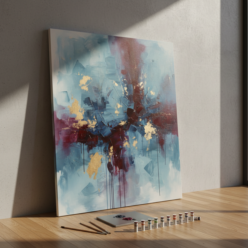 A single large canvas leans against a smooth, light concrete wall in a minimalist studio, covered in a refined abstract composition of muted blues, deep burgundy, and soft gold accents. The paint surface reveals layered textures: thin translucent glazes, sharp palette-knife strokes, and delicate drips frozen mid-flow. On the polished oak floor, a small collection of pristine brushes, a metal palette, and neatly arranged paint tubes form a restrained vignette. Natural golden-hour light enters from the right, grazing the canvas and catching subtle metallic highlights, casting long, elegant shadows. Photographic realism with a slightly angled, three-quarter view, balanced with rule-of-thirds composition, creating a sophisticated, gallery-like mood for showcasing contemporary art projects.