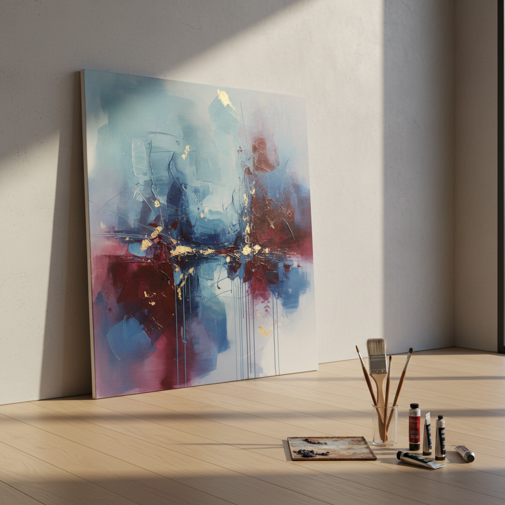 A single large canvas leans against a smooth, light concrete wall in a minimalist studio, covered in a refined abstract composition of muted blues, deep burgundy, and soft gold accents. The paint surface reveals layered textures: thin translucent glazes, sharp palette-knife strokes, and delicate drips frozen mid-flow. On the polished oak floor, a small collection of pristine brushes, a metal palette, and neatly arranged paint tubes form a restrained vignette. Natural golden-hour light enters from the right, grazing the canvas and catching subtle metallic highlights, casting long, elegant shadows. Photographic realism with a slightly angled, three-quarter view, balanced with rule-of-thirds composition, creating a sophisticated, gallery-like mood for showcasing contemporary art projects.