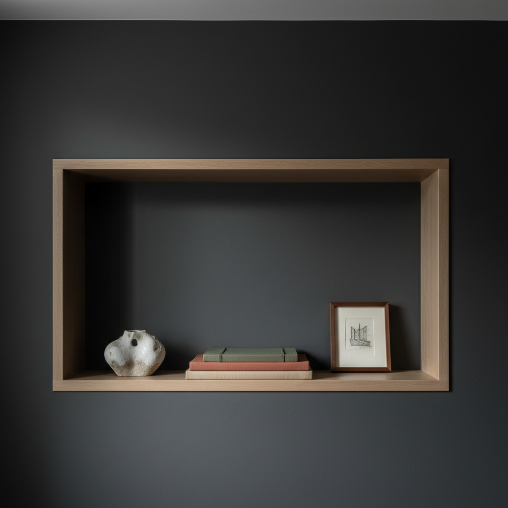 An elegant bookshelf niche displays a curated selection of art objects: a small ceramic sculpture with a matte white surface and subtle hand-formed irregularities, a stack of linen-bound sketchbooks in earthy tones, and a framed miniature ink drawing with intricate crosshatching. The shelf itself is made of smooth, pale oak set into a charcoal-gray wall, creating a refined contrast. A narrow beam of natural light from a nearby high window illuminates the arrangement, leaving the surrounding wall in gentle shadow, emphasizing the objects like a quiet gallery display. Photographic realism with a centered, slightly elevated perspective and shallow depth of field, the atmosphere serene, intellectual, and sophisticated, ideal for a portfolio’s “about my work” context without any human presence.